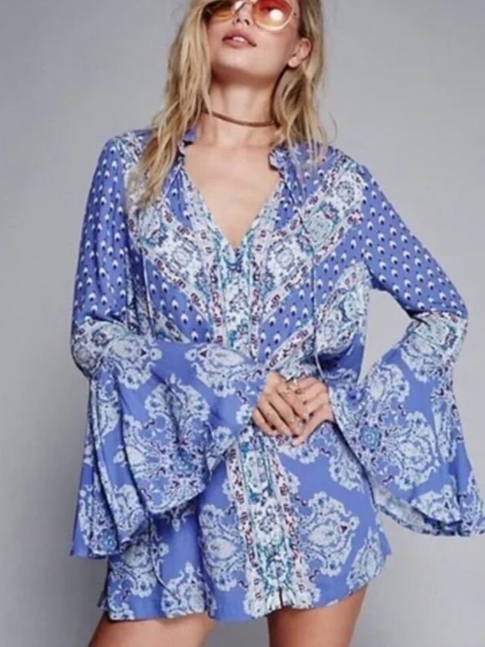 Free People Periwinkle Blue Paisley Bell-Sleeve Tunic
